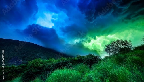 vivid neon green and royal blue clouds glowing from a low angle view