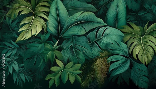 wall of tropical plants dark green leaves jungle background banner