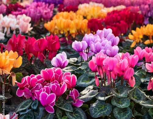vivid tapestry of multicolored cyclamen flowers in full bloom