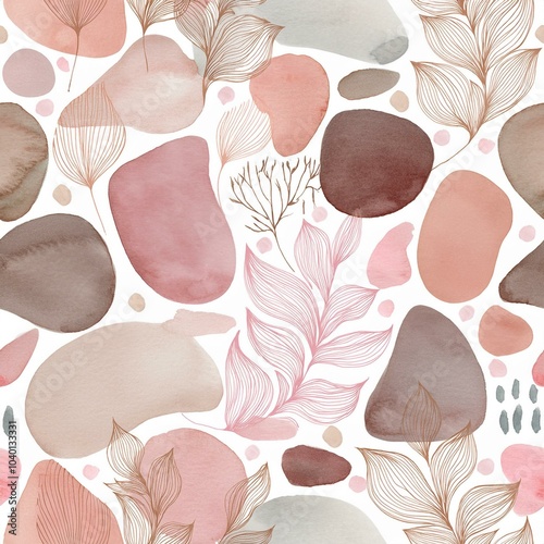 watercolor abstract shapes and forms in dusty pink beige brown gray pastel colors seamless pattern on white background