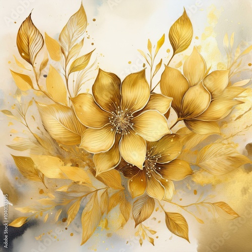 watercolor background with golden floral composition