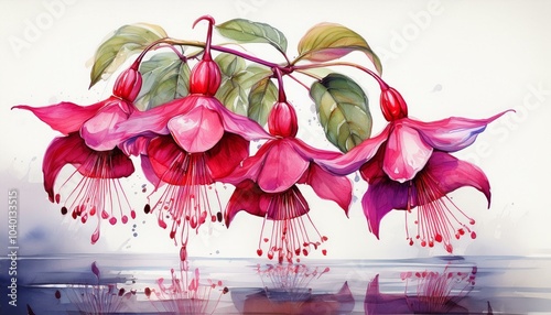 watercolor painting illustration of a fuchsia flower with reflection on a white background