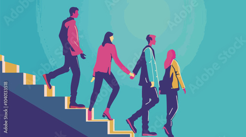 Employees giving hands and helping colleagues to walk upstairs, flat vector illustration, Mentorship