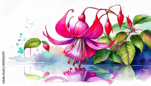 watercolor painting illustration of a fuchsia flower with reflection on a white background