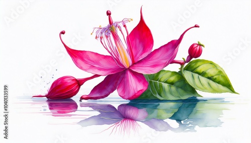 watercolor painting illustration of a fuchsia flower with reflection on a white background