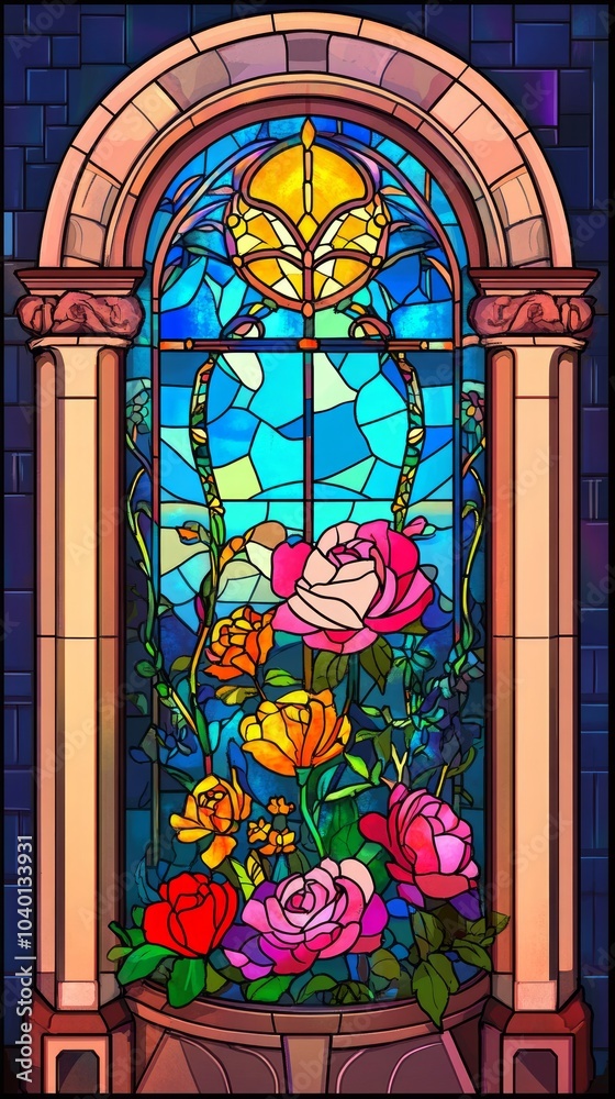 A stained glass window with a beautiful floral design. A stained glass window with a beautiful floral design.