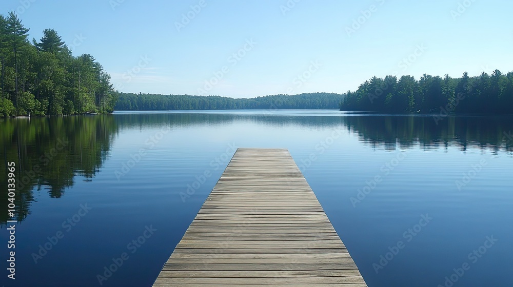 Fototapeta premium Deserted pier extending into a calm North American lake, with space for copy in the water