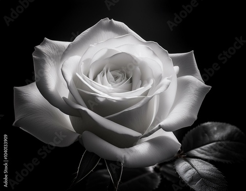 white rose in black background close up monochrome high contrast backlighting shallow depth of field soft focus grayscale blurred edges ethereal and mysterious atmosphere