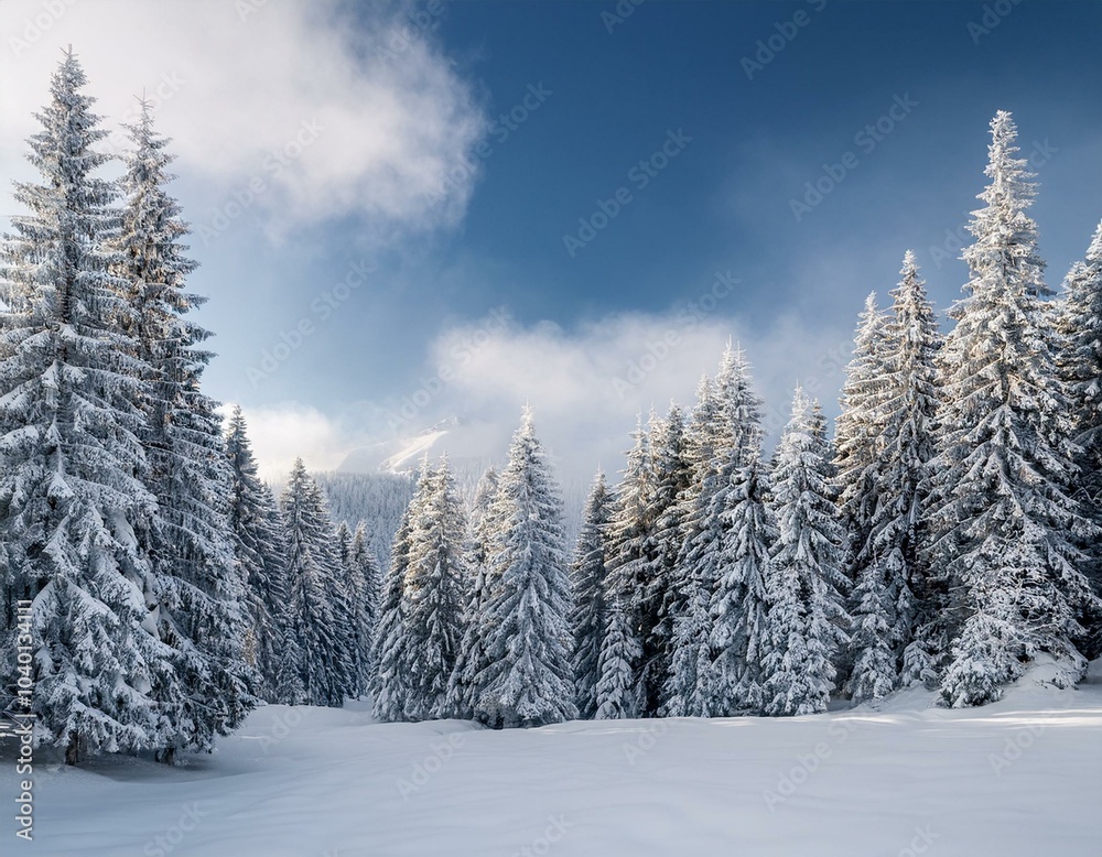 winter landscape with snow covered tall evergreen trees