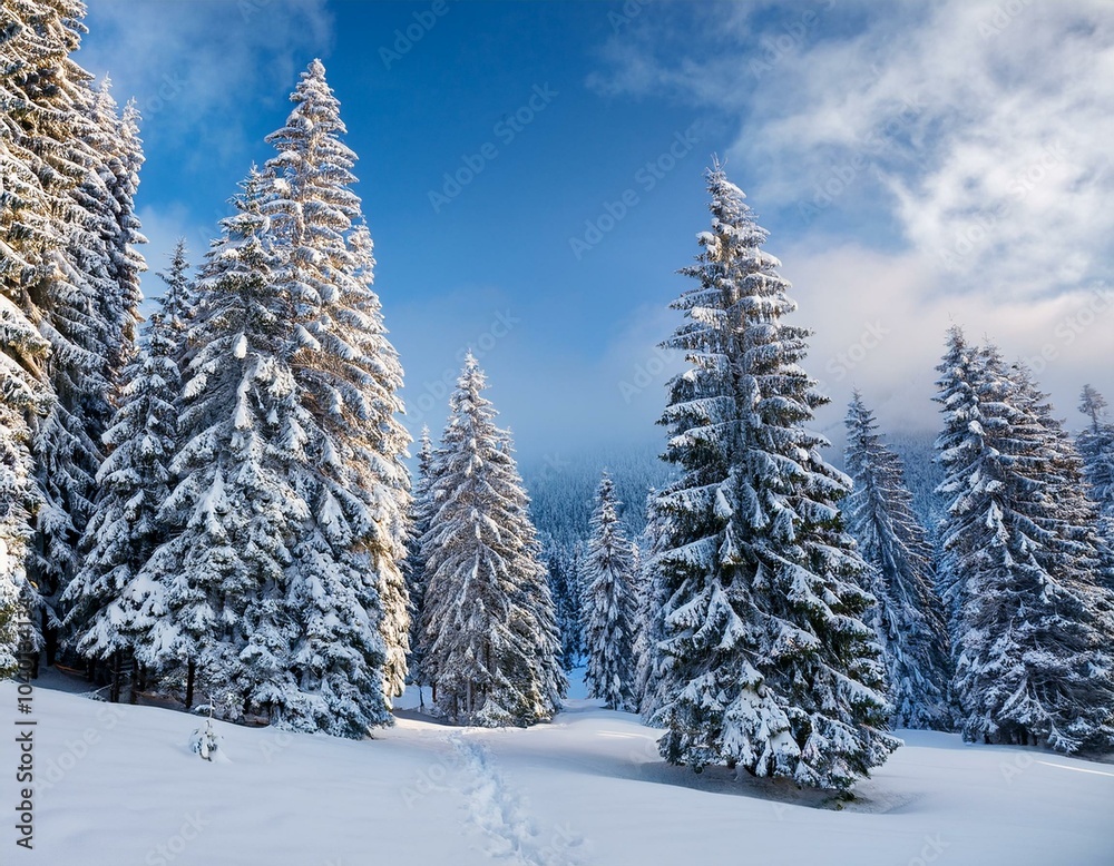 Fototapeta premium winter landscape with snow covered tall evergreen trees