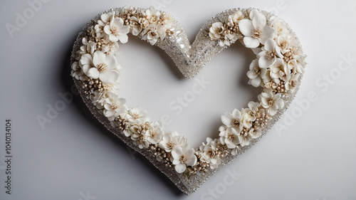 Heart-shaped floral arrangement with delicate white blossoms and bejeweled accents on a light backdrop.