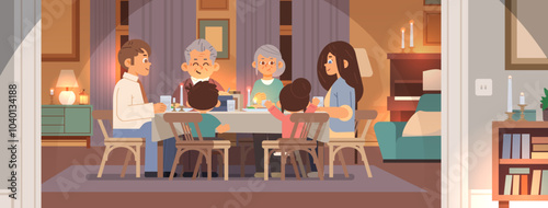 Friendly family dines in cozy atmosphere. Life style scene flat vector illustration
