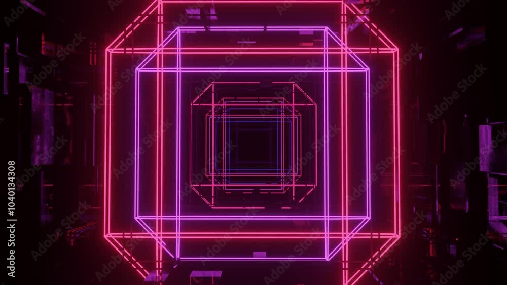 neon flash light structures. Hi-tech neon sci-fi tunel. Trendy neon glow lines form pattern and construction in mirror tunnel. Fly through technology cyberspace. 3d looped seamless 4k bright youth bg.
