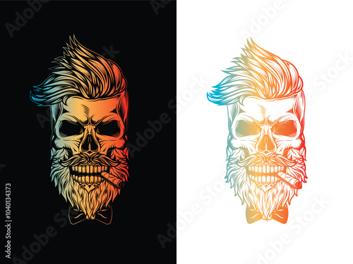 Hipster skull with beard and mustache with cigar in mouth.. Original vector illustration in vintage style. T-shirt design.