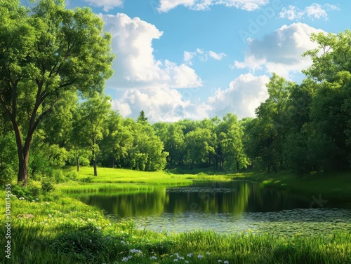 Lush green landscape with trees, pond, and blue sky with fluffy clouds.