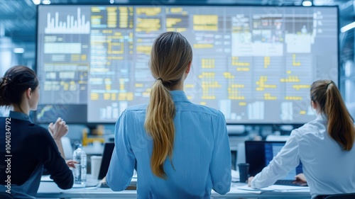 Warehouse and inventory schedule management concept. Warehouse team holding a meeting in front of a large scheduling board, discussing daily operations teamwork