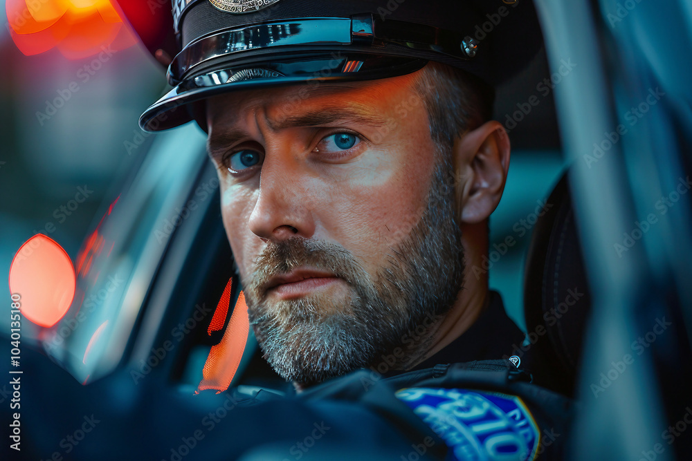 Police officer patrolling the night city street photo realistic illustration generative Ai