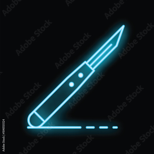 Neon medical scalpel cutting line icon glowing blue on black background