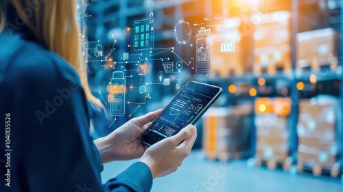 Inventory management order tracking concept. Worker scanning goods into the inventory management system using a mobile app, inventory mobile app, digital tracking