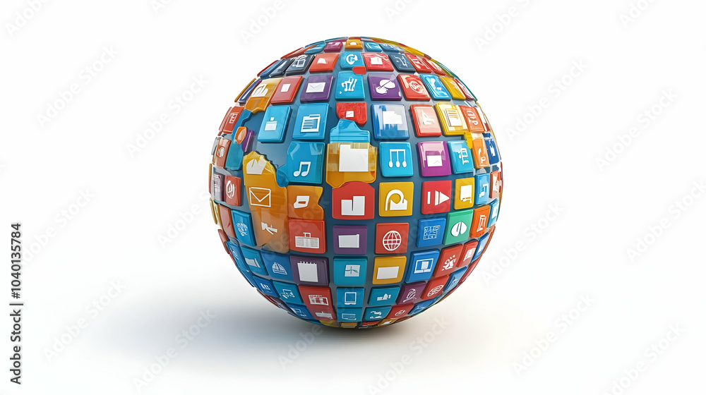 3D Glossy Globe with Business Network Icons & Copy Space | High Definition Image for Global Business Concepts, Promotions, Interconnected Networks on Plain Background