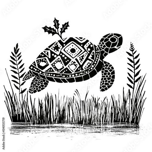 Sea Turtle with Leaves on its Back, Black and White Illustration photo