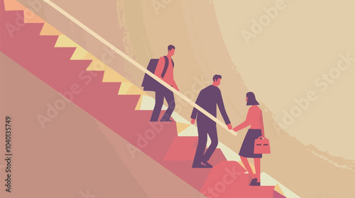 Employees giving hands and helping colleagues to walk upstairs, flat vector illustration, Mentorship
