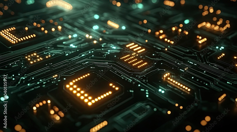 Dynamic digital nodes and circuitry glowing on a dark tech background Dynamic digital nodes and circuitry glowing on a dark tech background