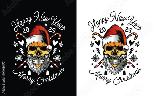 Skull with beard and mustache in Santa Claus hat. Christmas and New Year poster. Original vector illustration in vintage style. T-shirt design.