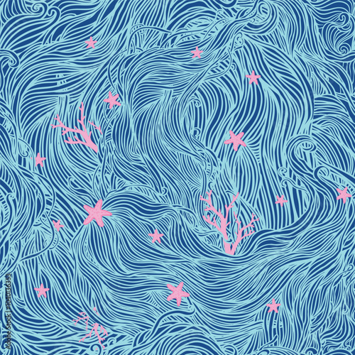 Abstract color hand-drawn pattern, waves and corals background. Seamless patt...