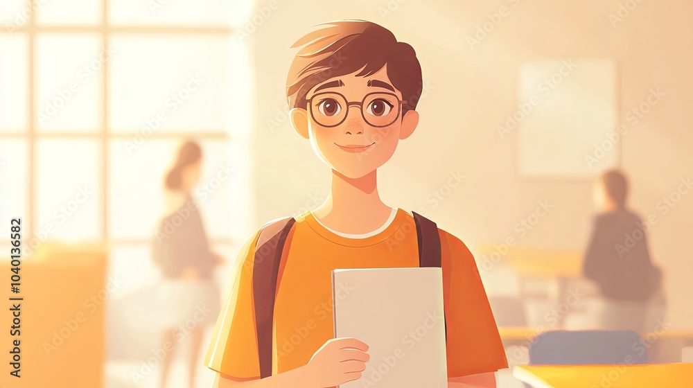 Stylized minimalist student character in classroom Stylized minimalist student character in classroom