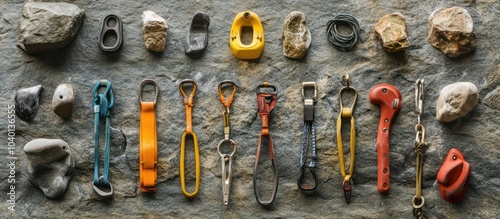 A flatlay of climbing gear, including a rope, quickdraws, belay device, carabiners, and climbing holds, on a stone background. photo