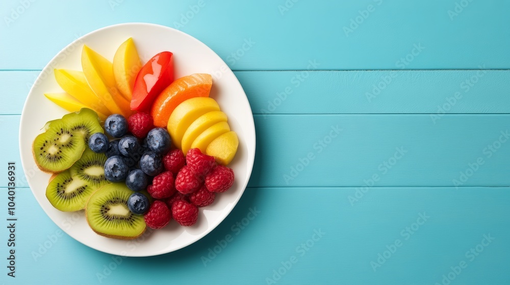 A vibrant assortment of fresh fruits arranged beautifully on a white plate against a turquoise background A vibrant assortment of fresh fruits arranged beautifully on a white plate against a turquoise background
