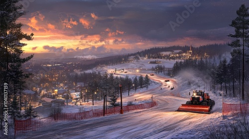 An unmanned ski slope groomer maintains trails under a starry sky in winter wonderland