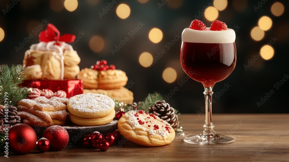 Naklejka premium Festive holiday treats with a cheerful cocktail display