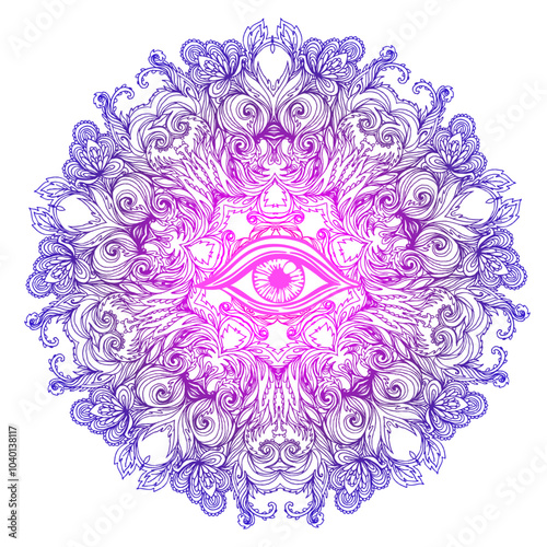All seeing eye in ornate round mandala pattern. Mystic, alchemy, occult conce...