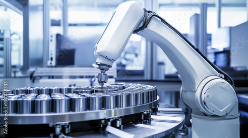 Fototapeta Naklejka Na Ścianę i Meble -  A robot managing automated fluid handling in a modern pharmaceutical production facility with clean, organized fluid processing stations and advanced handling systems