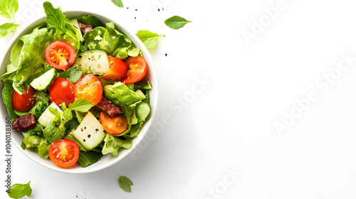 Fresh salad bowl with vibrant greens, cherry tomatoes, and cucumbers, showcasing healthy mix of ingredients that evoke sense of freshness and vitality