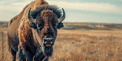 Portrait of a Bison with blurred prairie background, copy space, cinematic.  photo