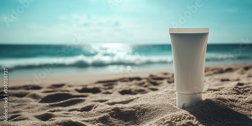 Tube of sunscreen lotion mockup template standing on sandy beach against sea view landscape, summer skin care and cosmetic concept background.