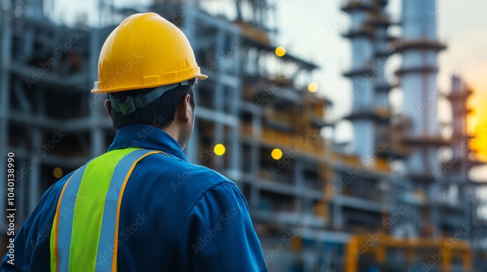 Industrial site in India, workers and engineers in hard hats oversee construction, highlighting the country's growing construction industry Industrial site in India, workers and engineers in hard hats oversee construction, highlighting the country's growing construction industry