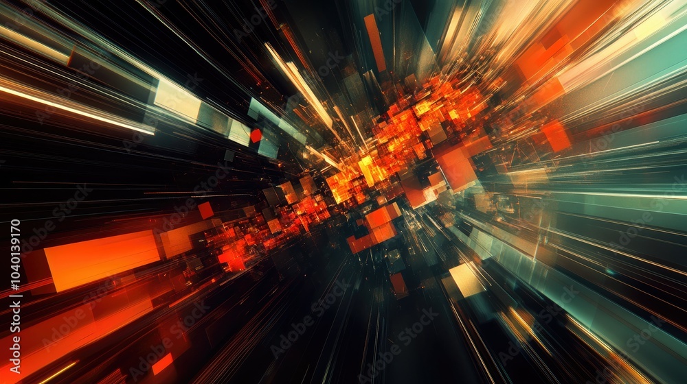 Flowing light streams and polygonal shapes in motion on a futuristic tech background Flowing light streams and polygonal shapes in motion on a futuristic tech background