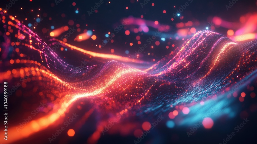Flowing light streams and polygonal shapes in motion on a futuristic tech background Flowing light streams and polygonal shapes in motion on a futuristic tech background