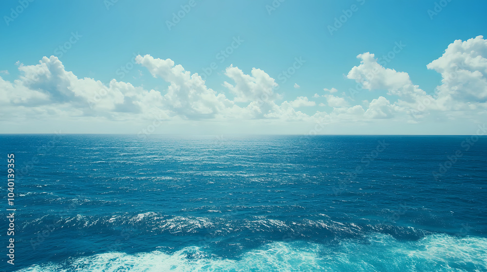 Fototapeta premium serene ocean view with clear blue waters and fluffy white clouds under bright sky creates peaceful atmosphere. endless horizon invites tranquility and reflection