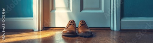 A pair of simple shoes, neatly placed beside a door on a clean floor photo