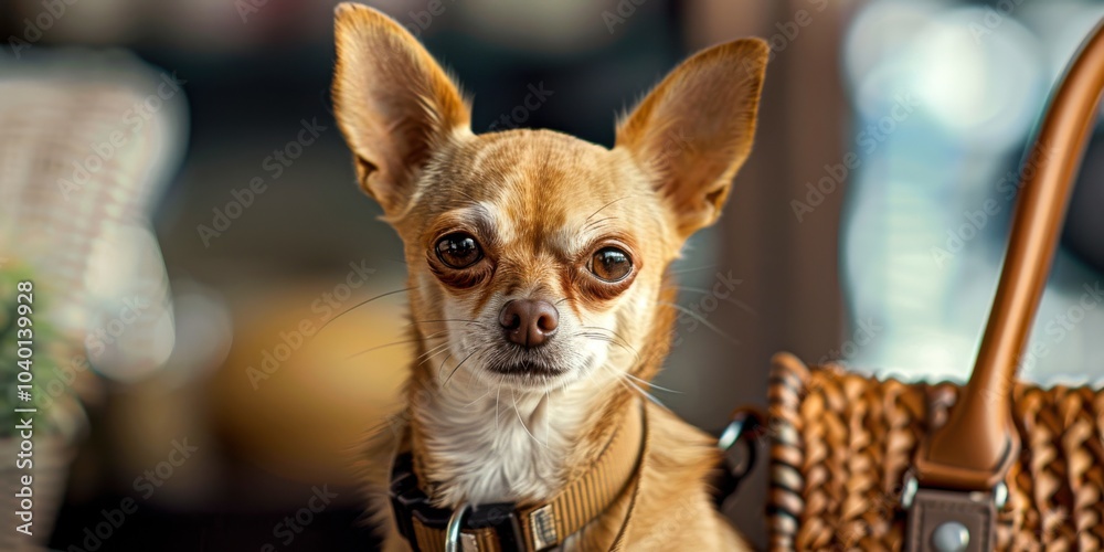 Portrait of a Chihuahua with blurred designer handbag background, copy space, cinematic Portrait of a Chihuahua with blurred designer handbag background, copy space, cinematic