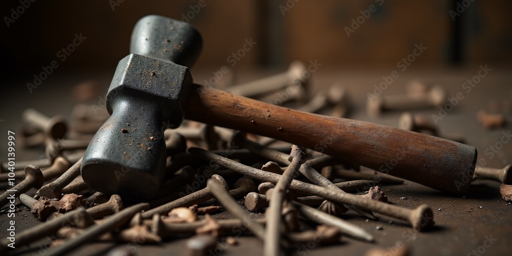 Hammer and sharp Nails of Crucifixion. Tools of the Passion. Christian symbols and icons. Hammer and sharp Nails of Crucifixion. Tools of the Passion. Christian symbols and icons.