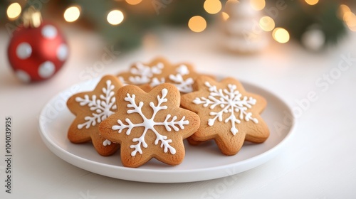 Festive snowflake cookies on a holiday plate