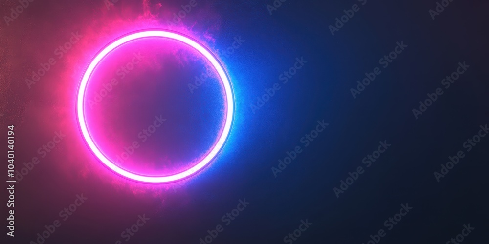 Neon circle with pink and blue glowing effects on a dark background. Neon circle with pink and blue glowing effects on a dark background.