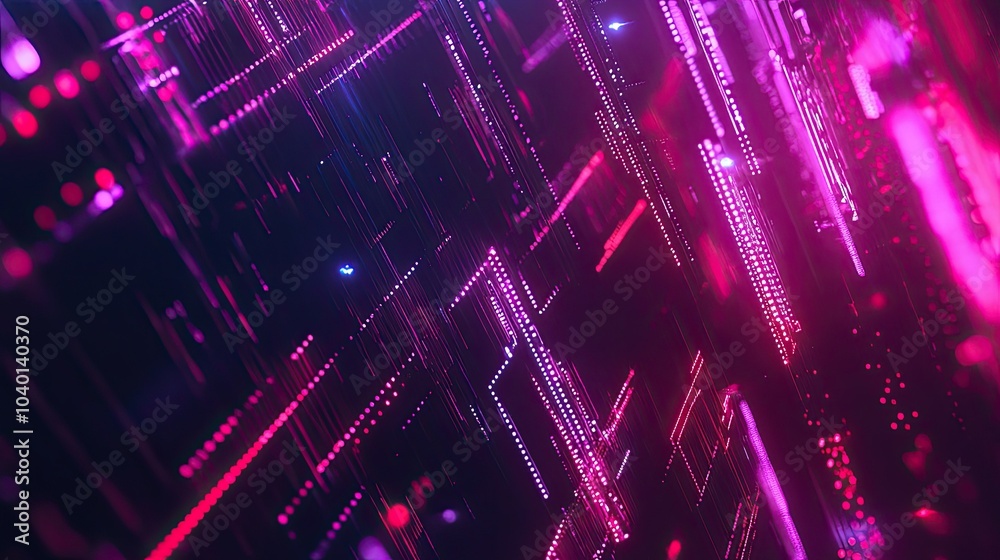 Obraz premium Geometric data points and neon lines in motion on a dark tech background