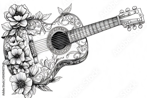 Beautifully detailed handdrawn guitar adorned with intricate black and white ornaments and stylized flowers presented in a vector illustration style on a white background for coloring fun photo